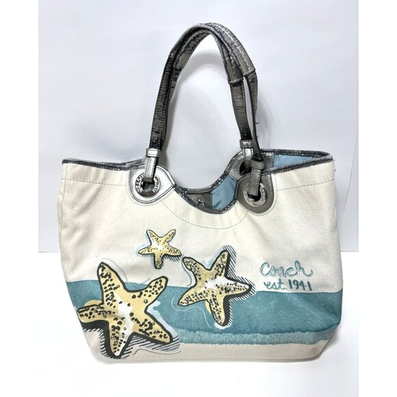 Coach Beach Tote Carryall White Blue Cream Starfish Ocean Shoulder Bag *AS IS* - Picture 1 of 16